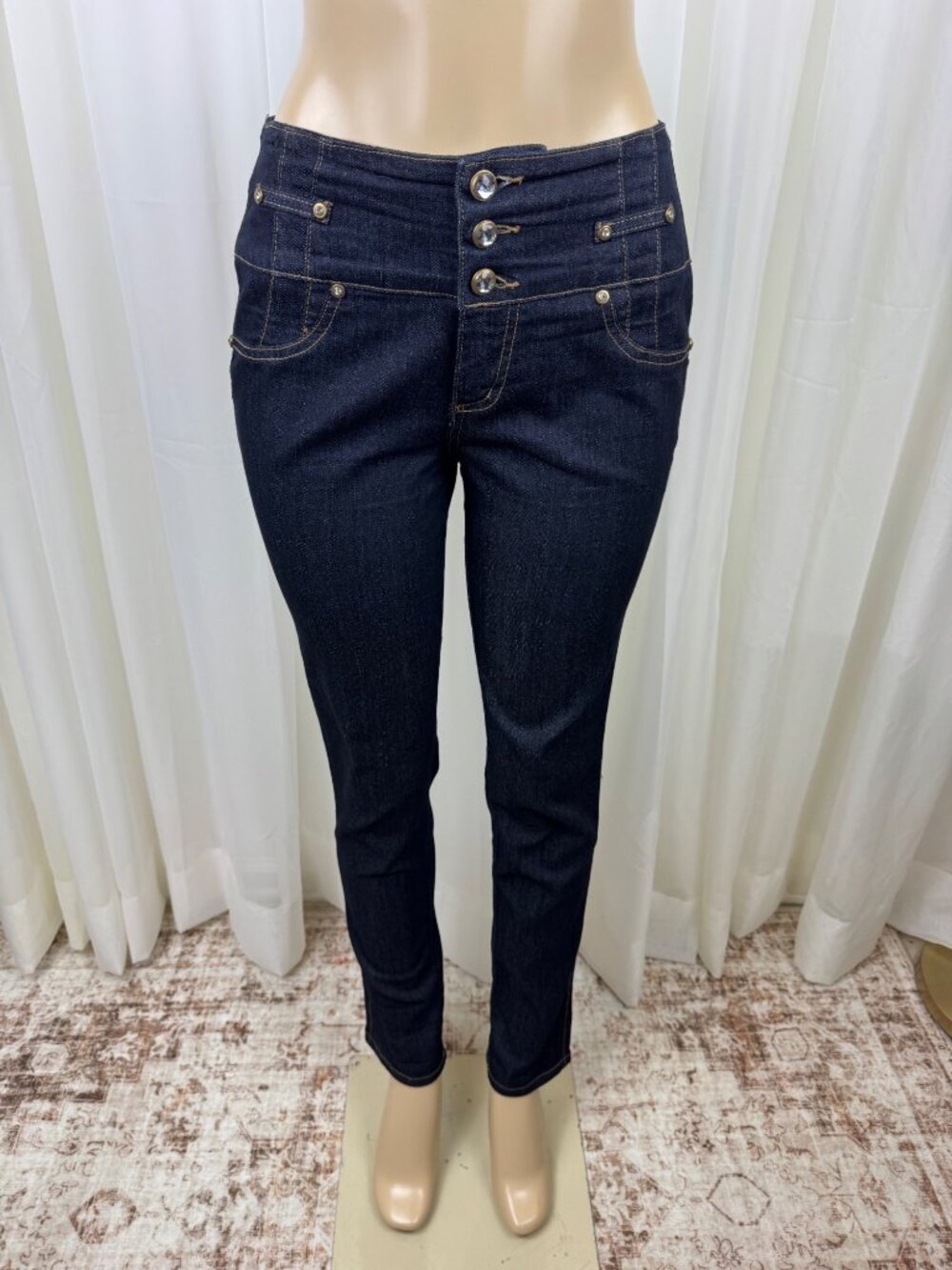 Women's Hammer High Waist Skinny Jeans Size 13 Dark Wash Rhinestone USA Y2K